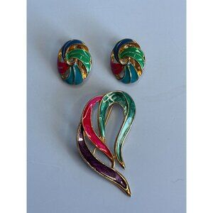 Vintage Gold-Tone Enamel Swirl Brooch & Clip-On Earrings Set